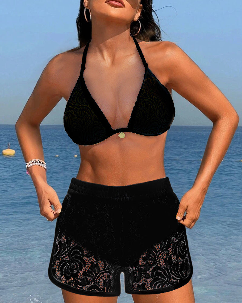 Bikini dos nu en dentelle de couleur unie