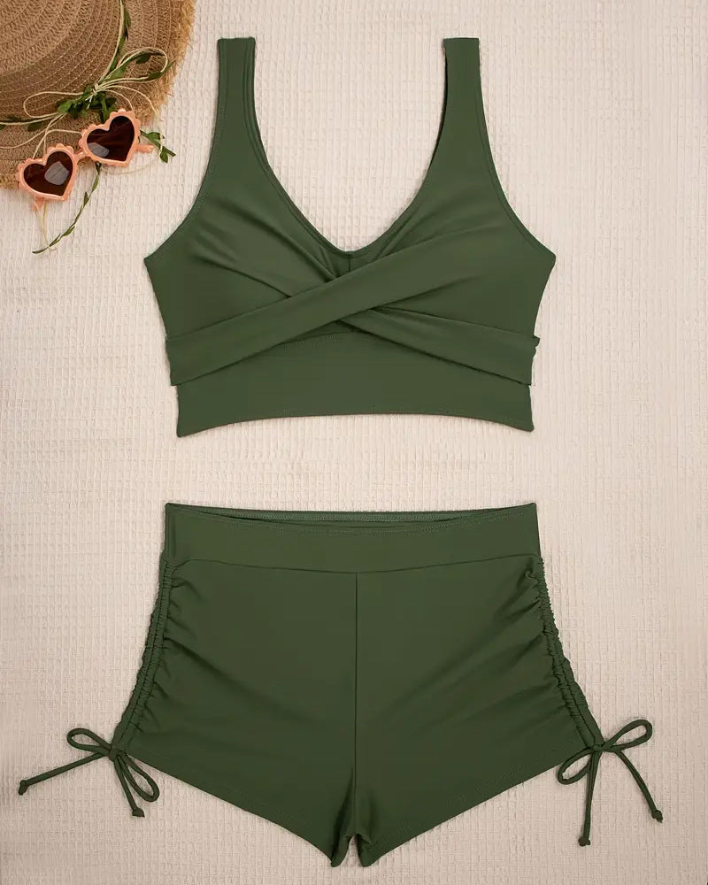 Bikini Deux Pièces Uni Boxeur Cordon