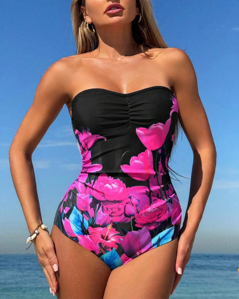 Maillot De Bain Bandeau Imprimé Fleuri Une-Pièce