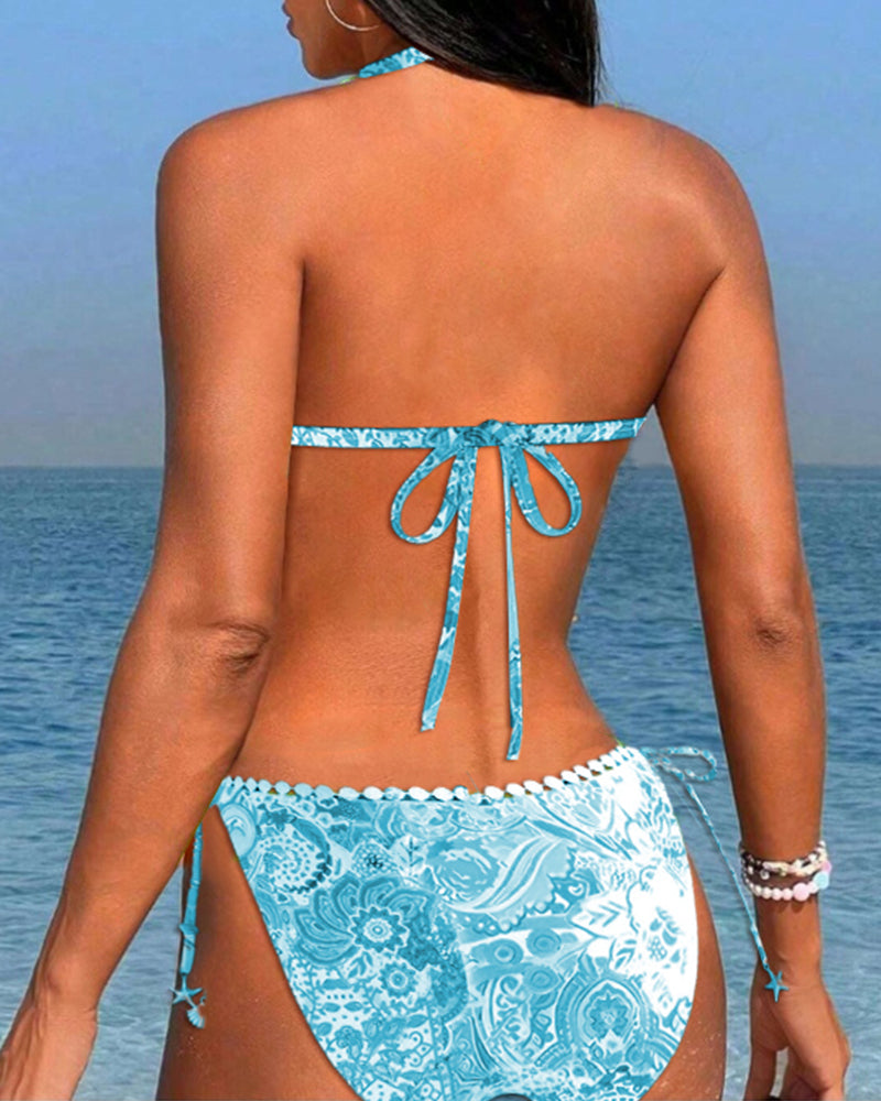 Bikini dos nu en dentelle patchwork imprimé coloré