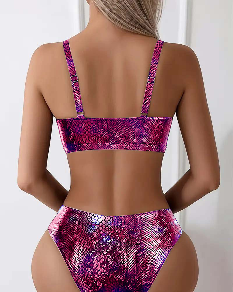 Bikini Imprimé Serpent Cordon Poitrine Taille Haute Triangle