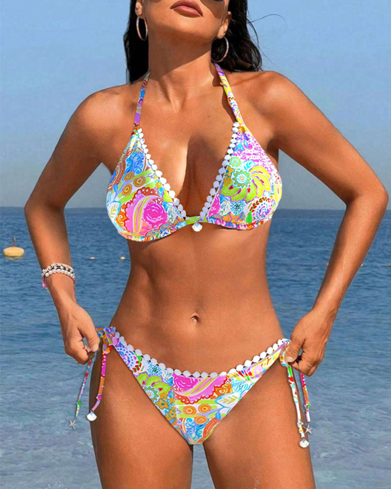 Bikini dos nu en dentelle patchwork imprimé coloré