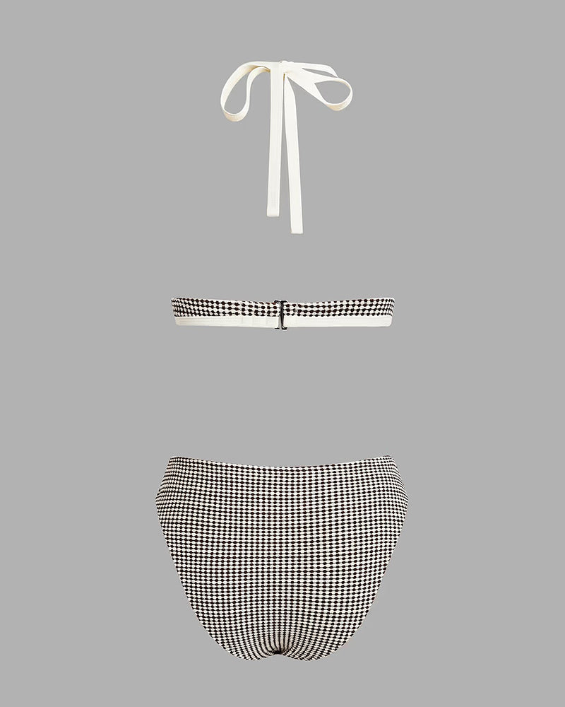Maillot De Bain Deep V À Carreaux Couleur Contrastante Deux Pièces