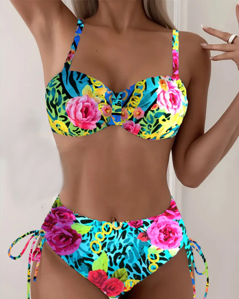 Bikini Imprimé Fleuri Soutien-Gorge Sexy Triangle Lacets