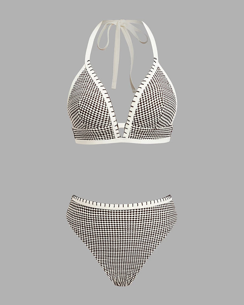 Maillot De Bain Deep V À Carreaux Couleur Contrastante Deux Pièces