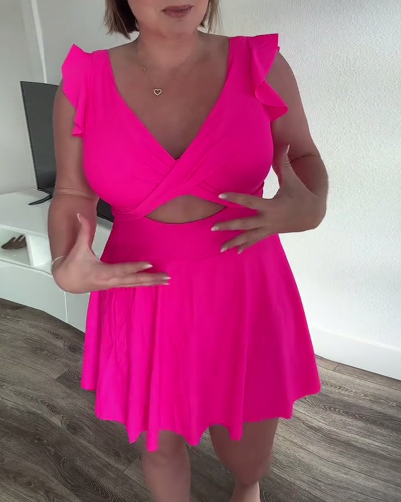 Maillot De Bain À Manches Volantes De Couleur Unie