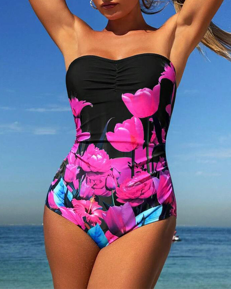 Maillot De Bain Bandeau Imprimé Fleuri Une-Pièce